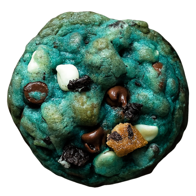 Blue cookie with chocolate chips and white bits on a white background