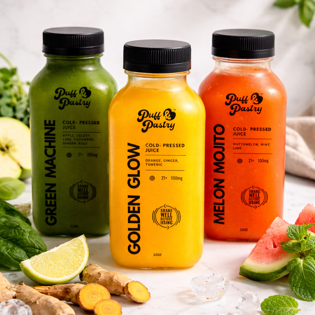 Three bottles of Duff Pastry cold-pressed juices on a marble surface with fresh ingredients.